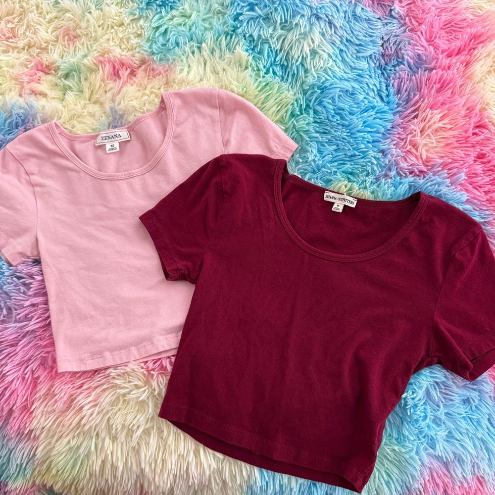 TWO Zenana Outfitters Womens Crop Top Pink Burgundy Short Sleeve Tee Medium